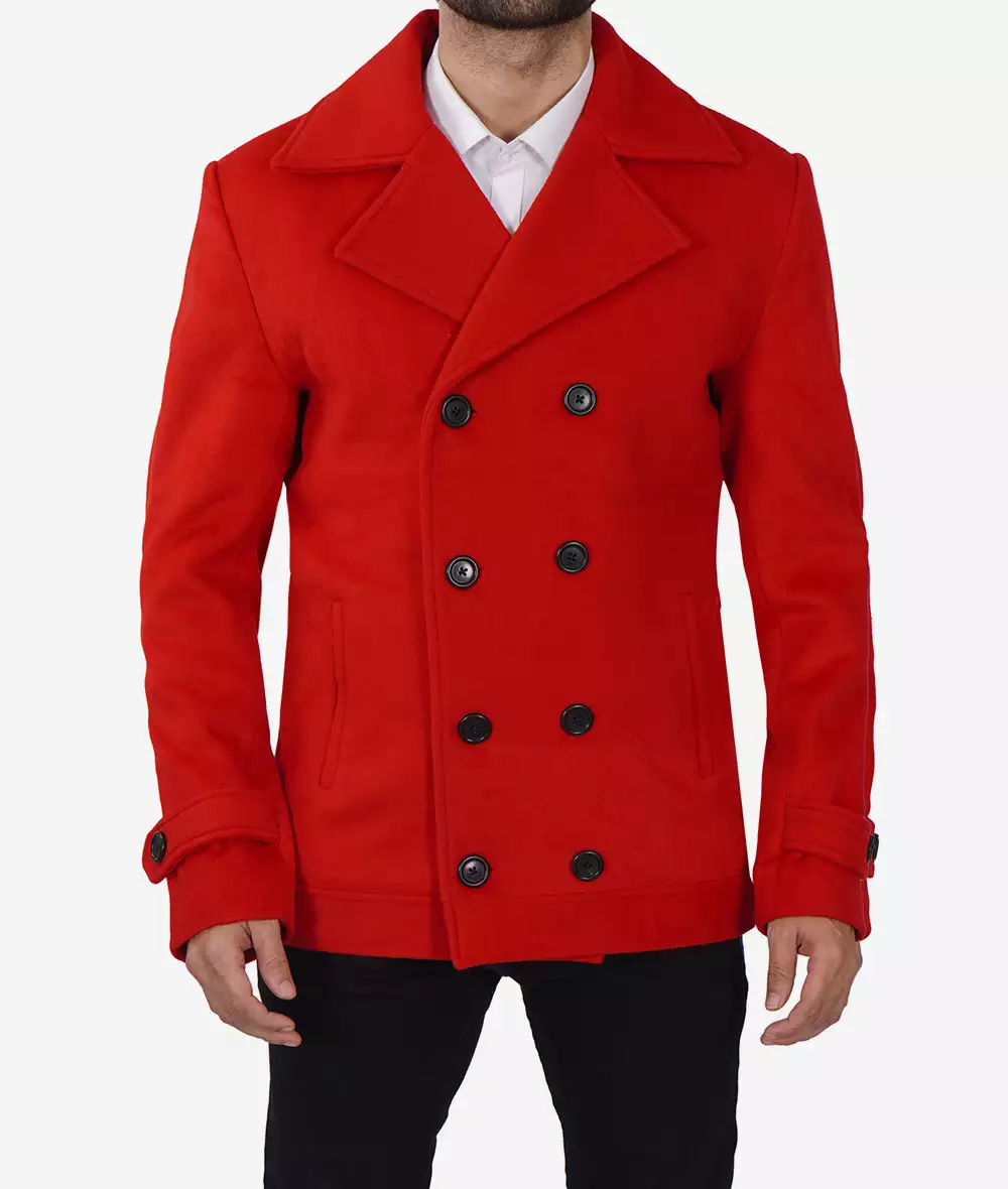 Men's Double Breasted Wool Red Pea Coat - Few Left