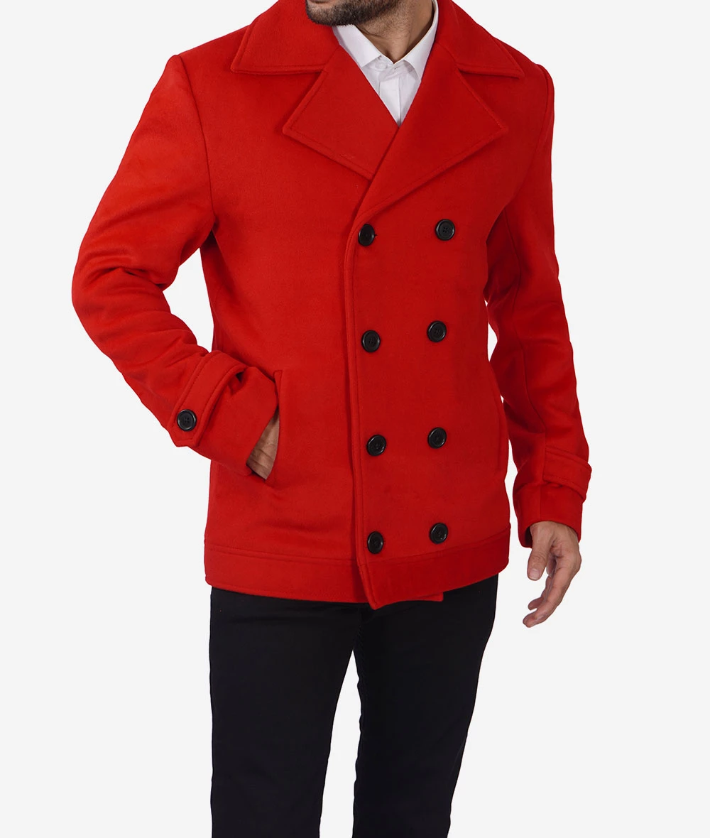 Men's Double Breasted Wool Red Pea Coat - Few Left