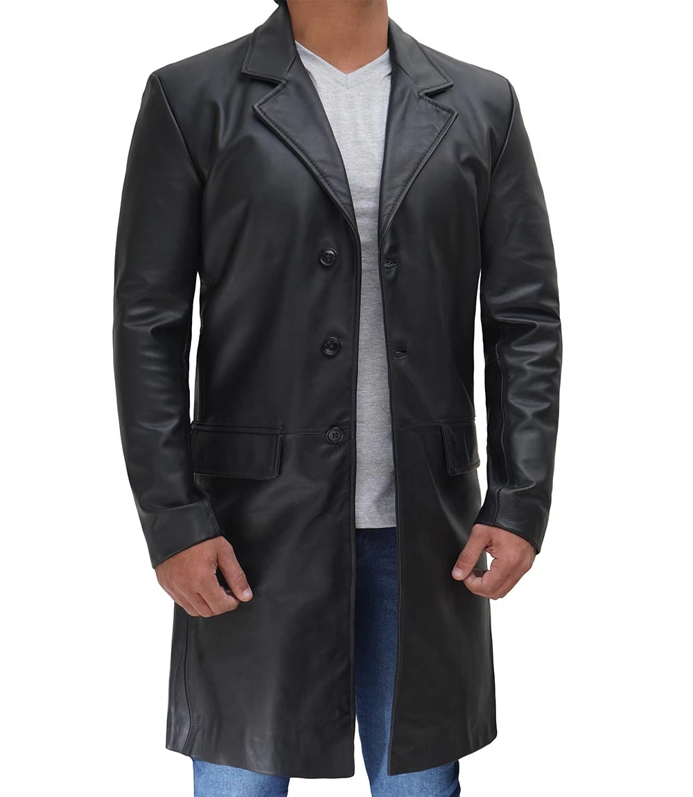 Men's Long Black Real Cowhide Leather Trench Coat