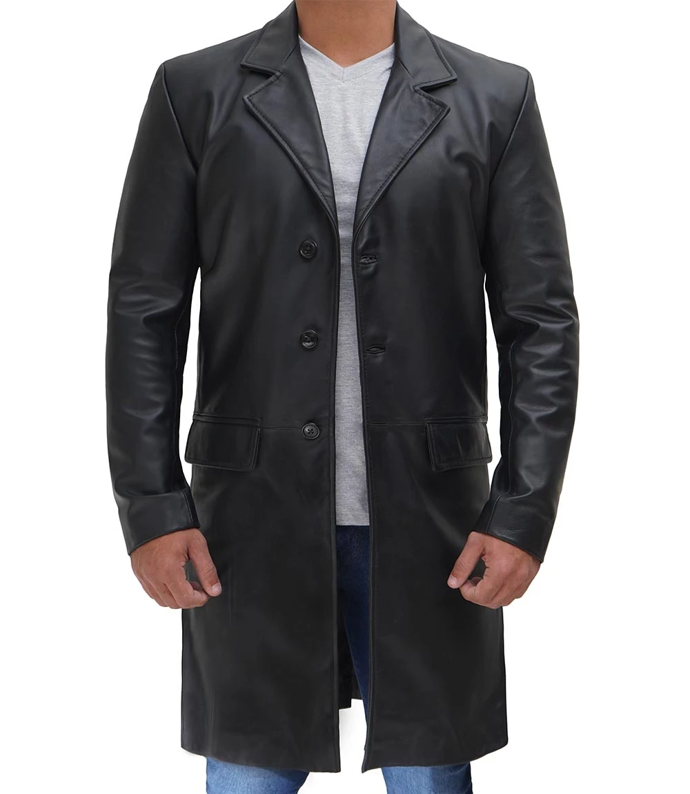 Men's Long Black Real Cowhide Leather Trench Coat