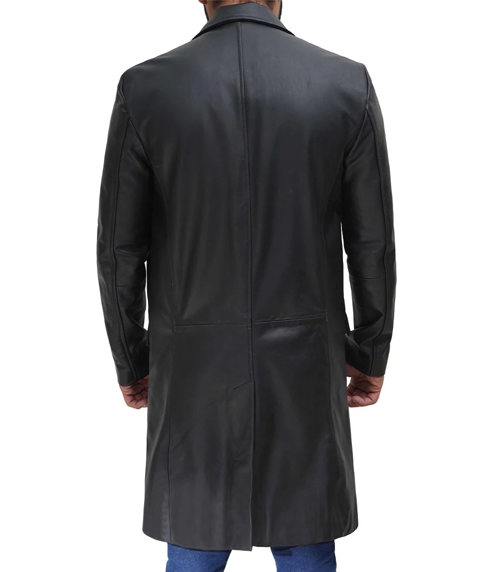 Men's Long Black Real Cowhide Leather Trench Coat