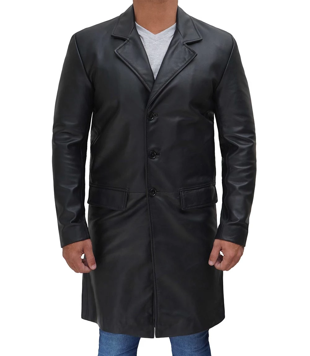 Men's Long Black Real Cowhide Leather Trench Coat