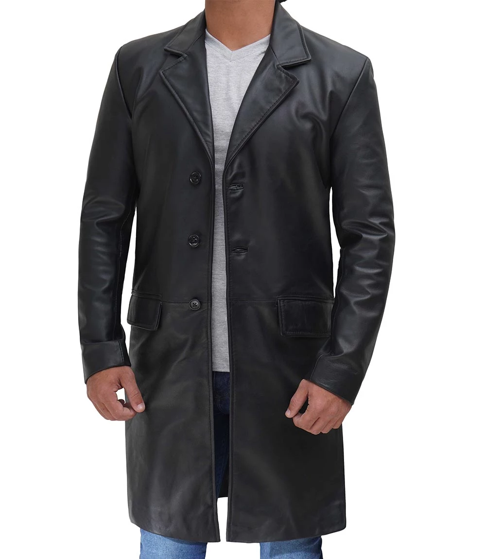 Men's Long Black Real Cowhide Leather Trench Coat