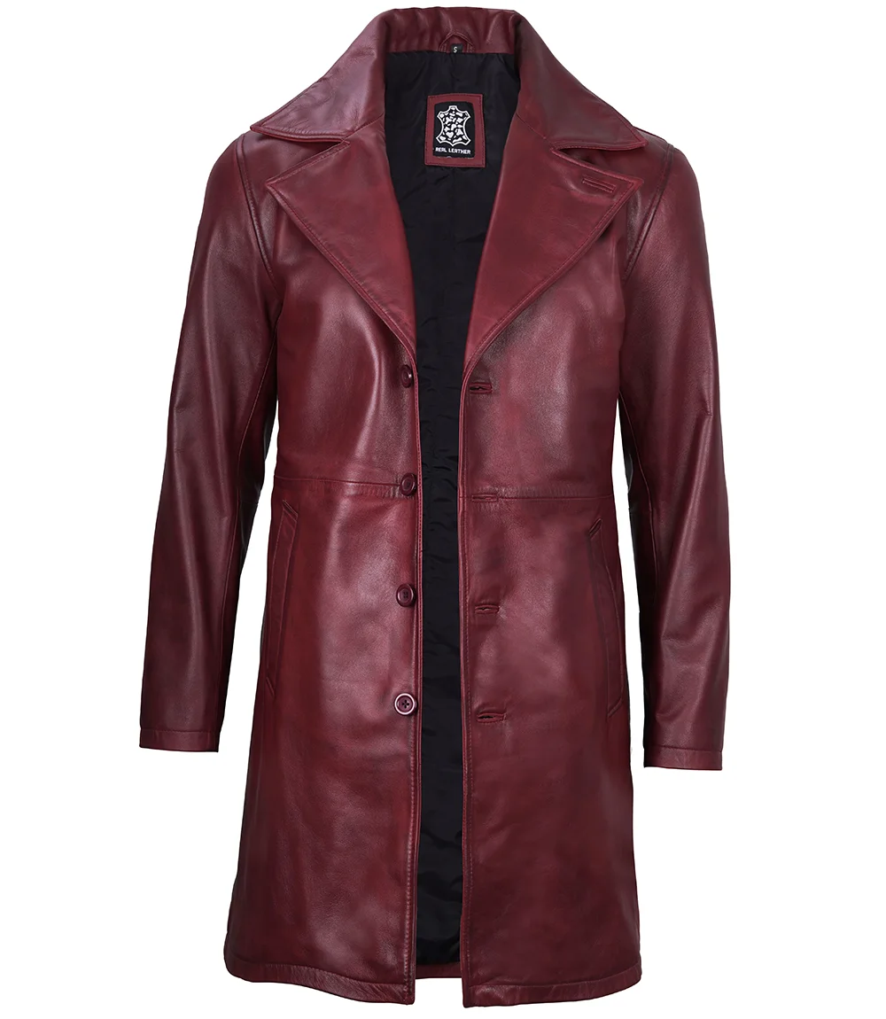 Men's Maroon Real Leather Car Coat