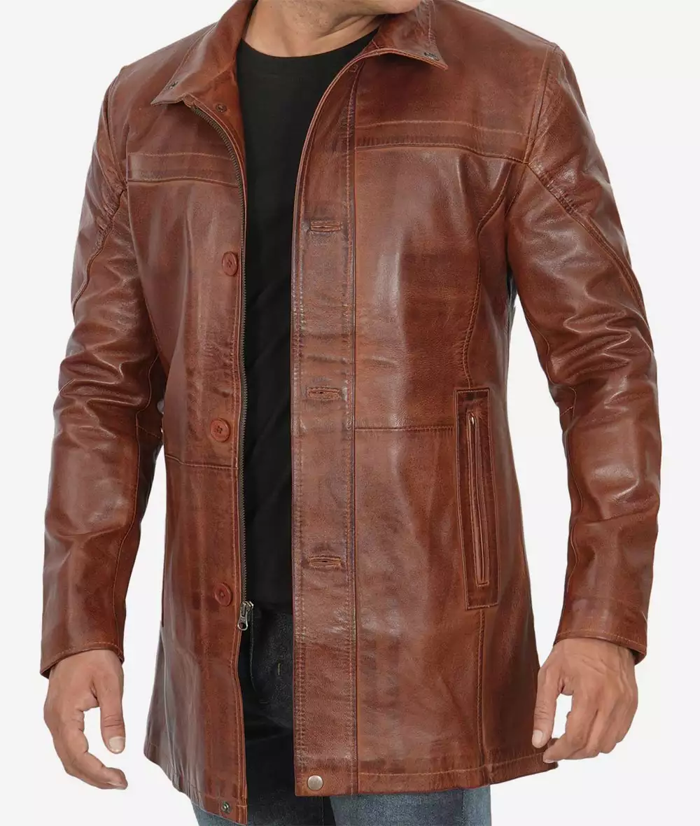 Men's Real Lambskin Leather Cognac Car Coat