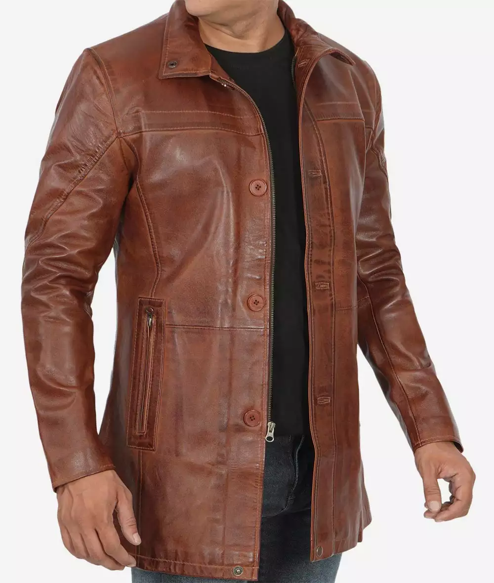 Men's Real Lambskin Leather Cognac Car Coat