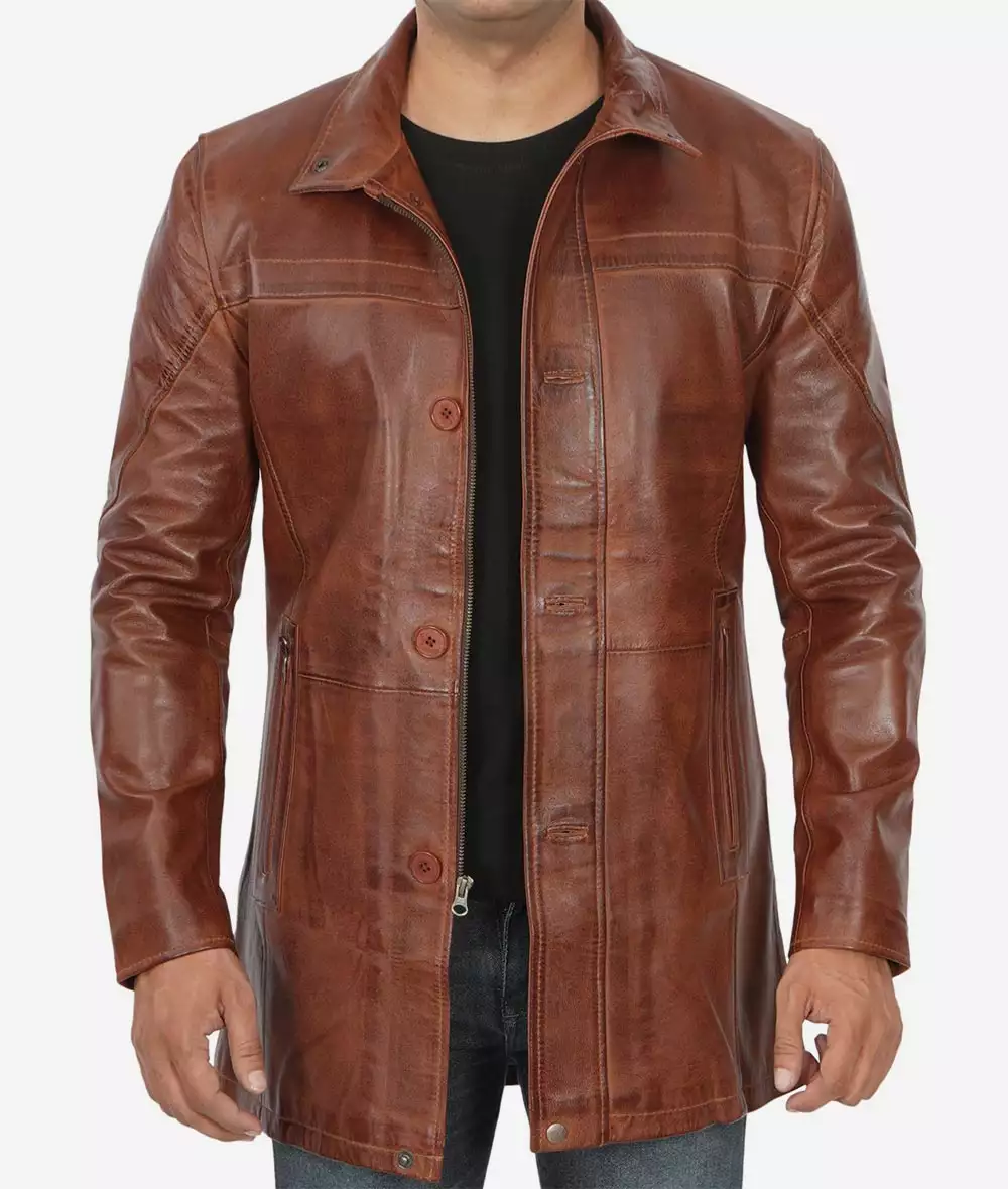 Men's Real Lambskin Leather Cognac Car Coat