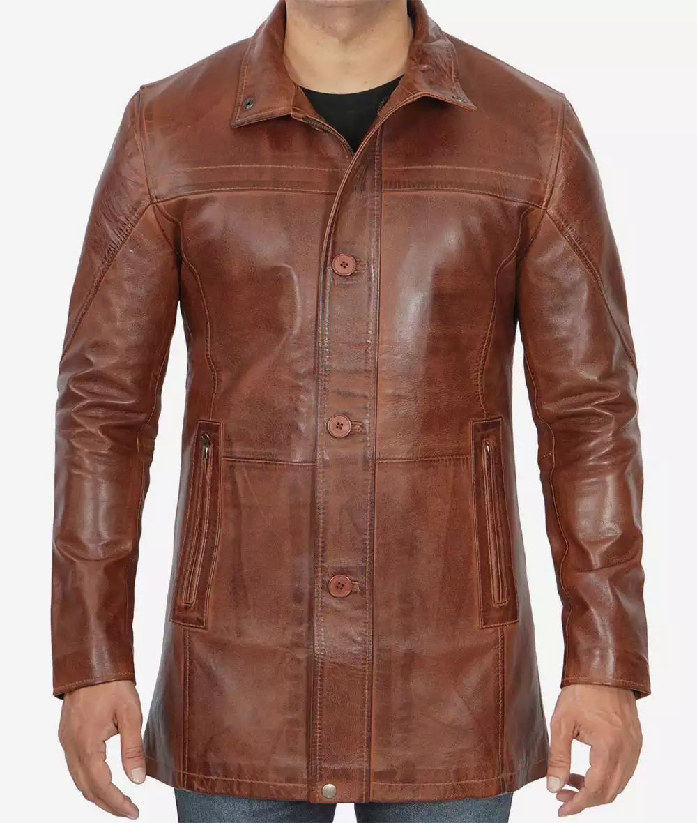 Men's Real Lambskin Leather Cognac Car Coat