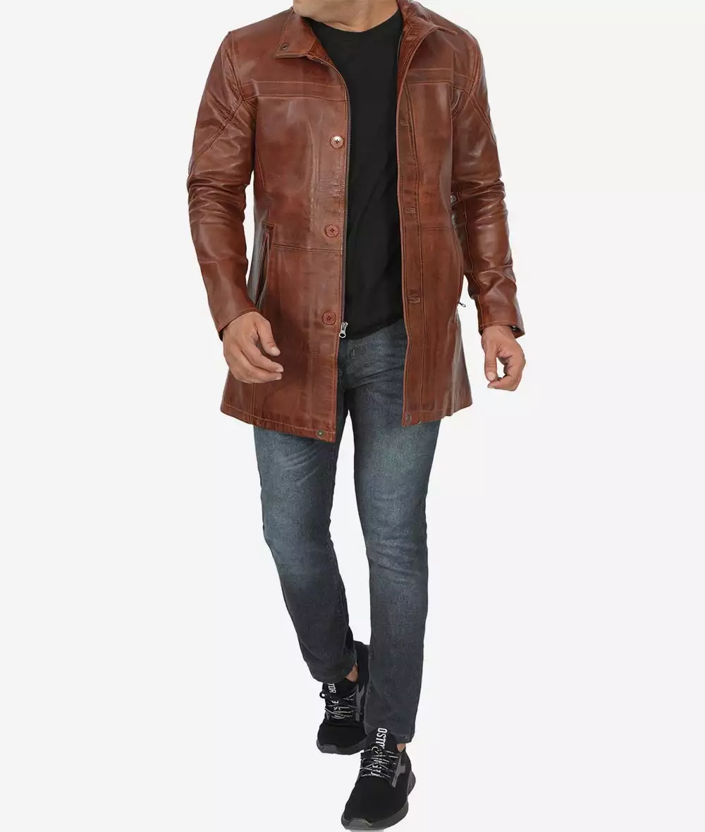 Men's Real Lambskin Leather Cognac Car Coat