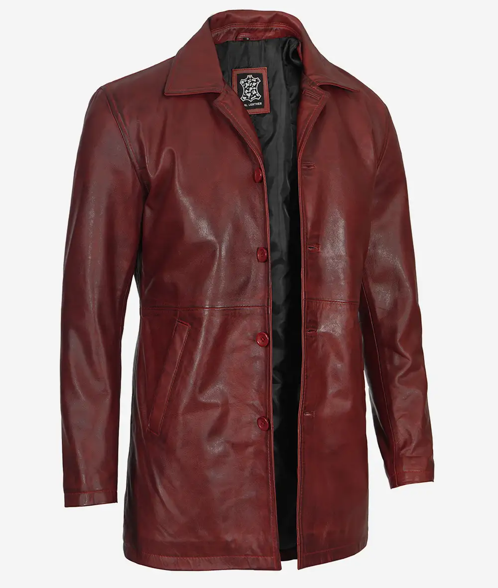 Men's Real Leather 3/4 Length Maroon Coat