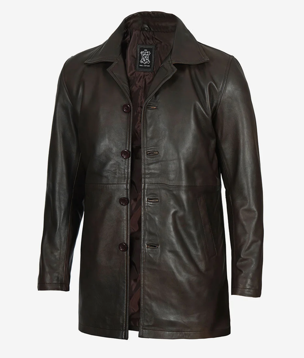 Men's Real Leather Dark Brown Car Coat