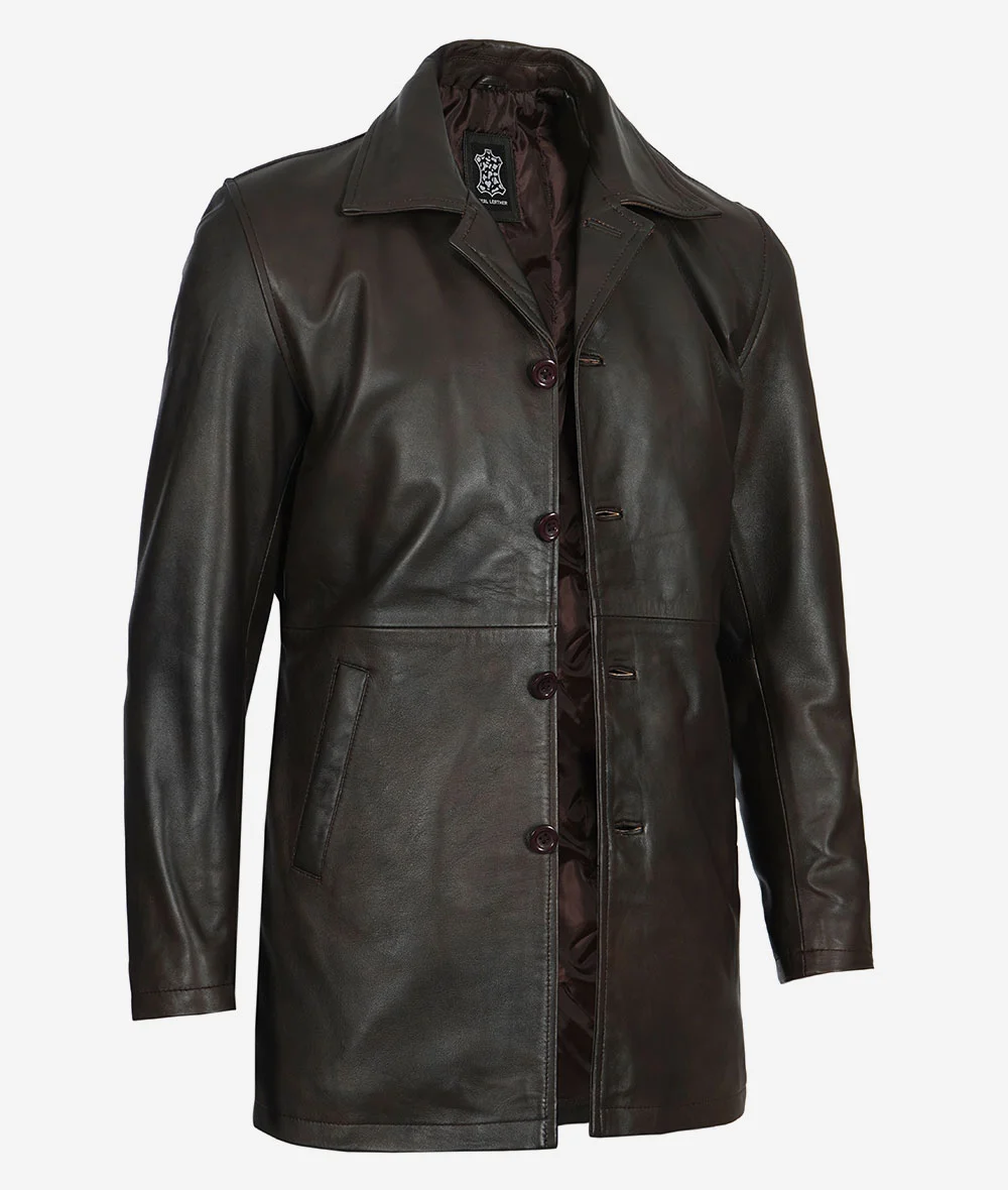 Men's Real Leather Dark Brown Car Coat