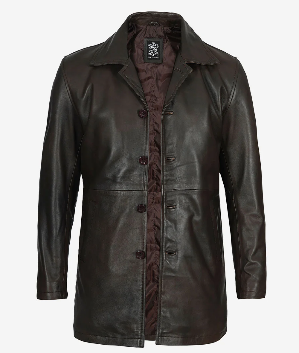 Men's Real Leather Dark Brown Car Coat