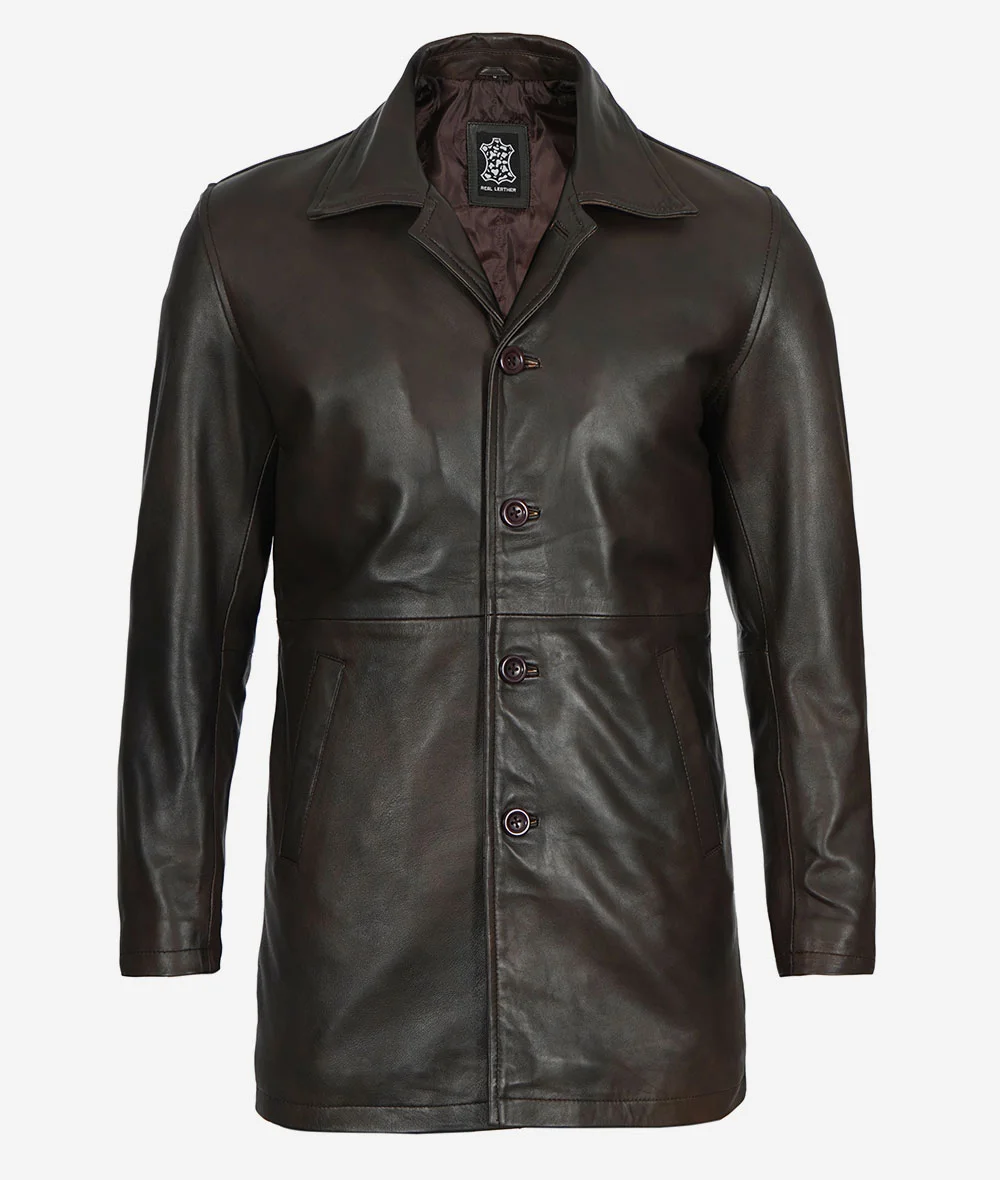 Men's Real Leather Dark Brown Car Coat