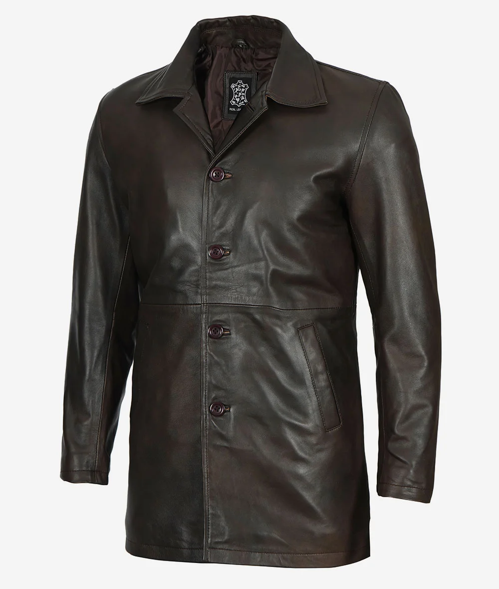 Men's Real Leather Dark Brown Car Coat