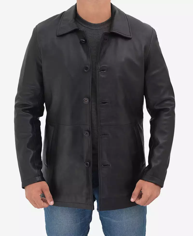 Men's Tall Three Quarter Length Black Leather Coat