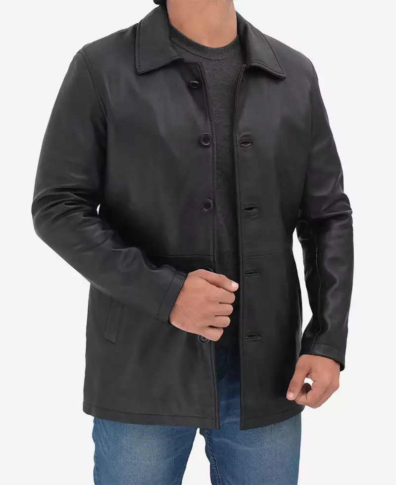 Men's Tall Three Quarter Length Black Leather Coat