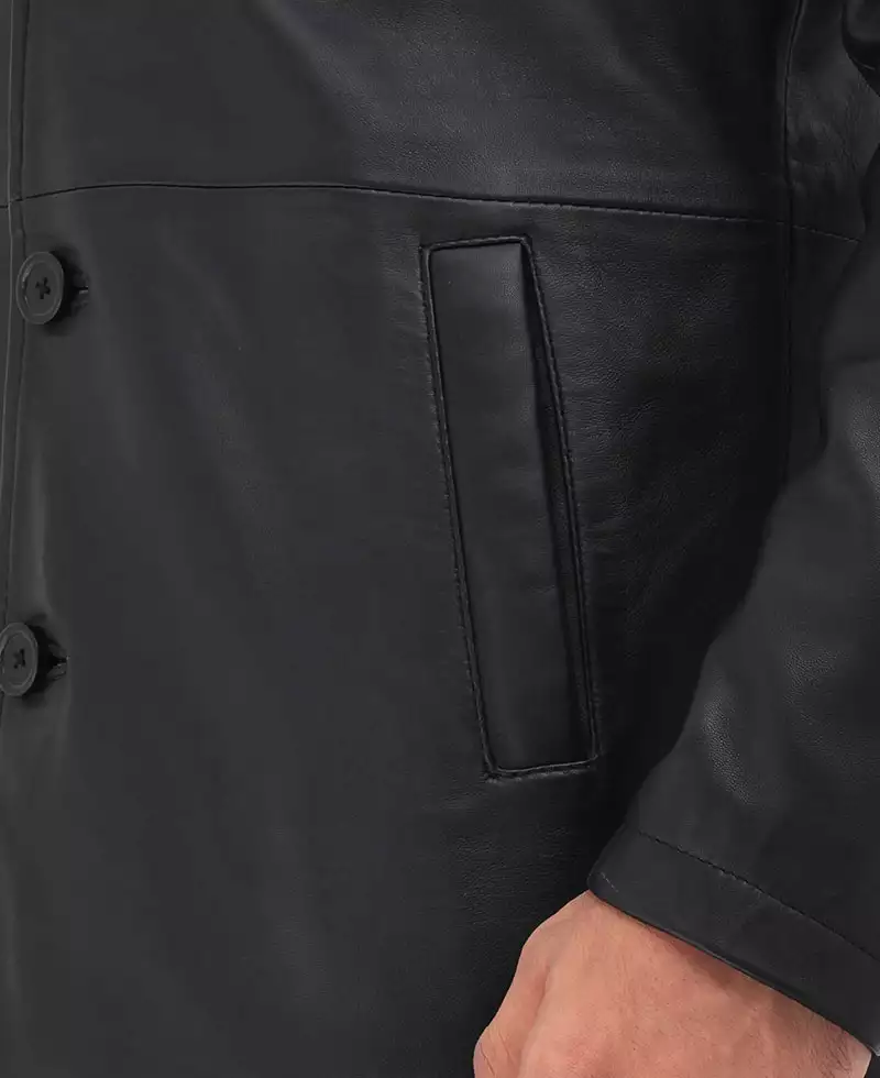 Men's Tall Three Quarter Length Black Leather Coat