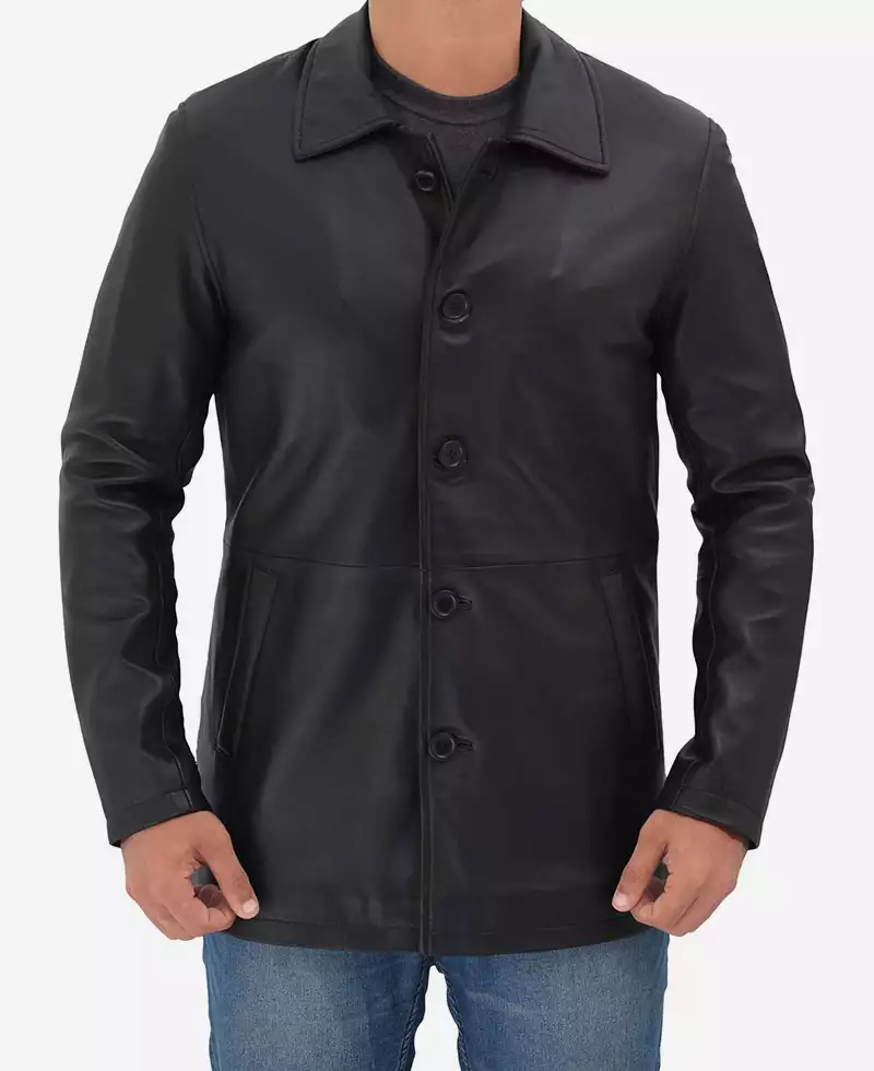 Men's Tall Three Quarter Length Black Leather Coat