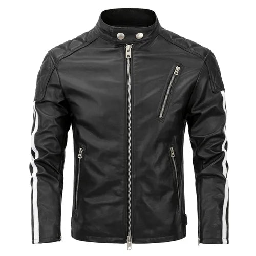 Men's Cowhide Leather Stand Collar Zipper Motorcycle Short Jacket