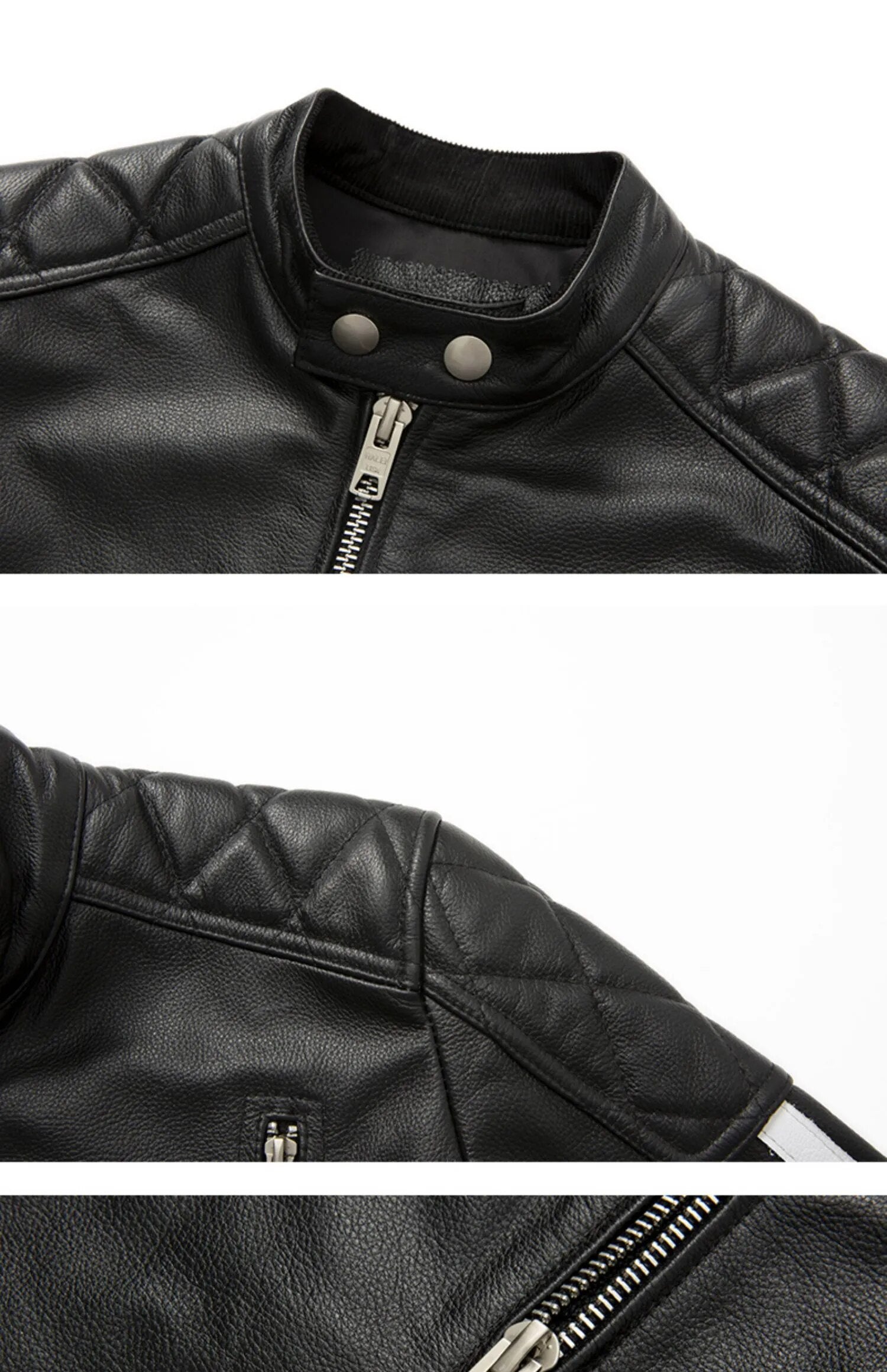 Men's Cowhide Leather Stand Collar Zipper Motorcycle Short Jacket