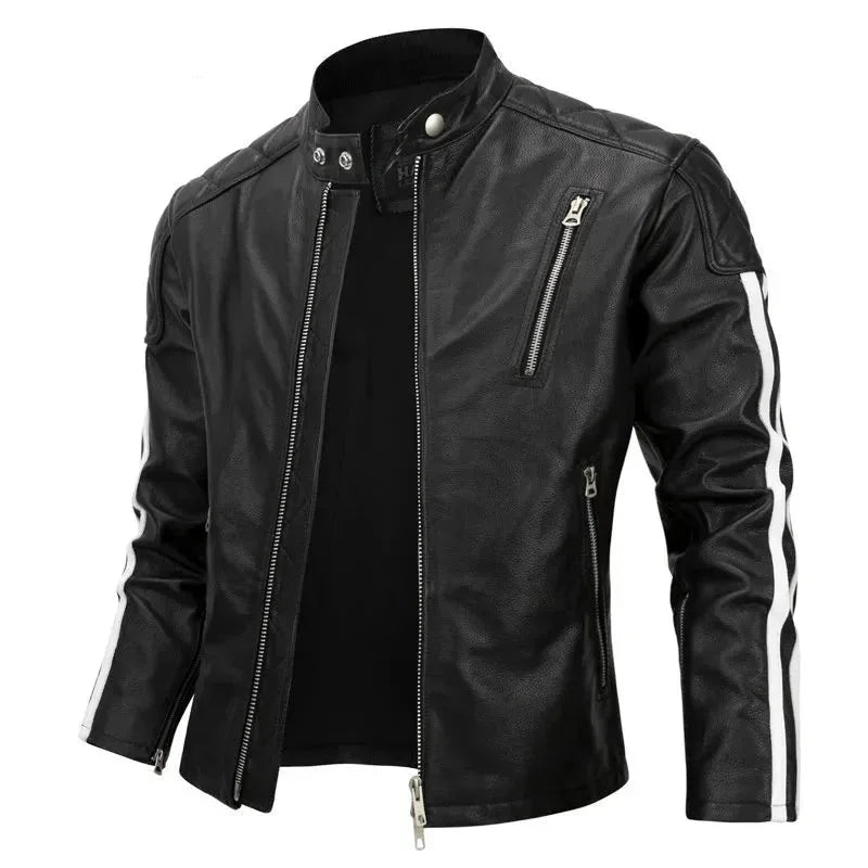 Men's Cowhide Leather Stand Collar Zipper Motorcycle Short Jacket