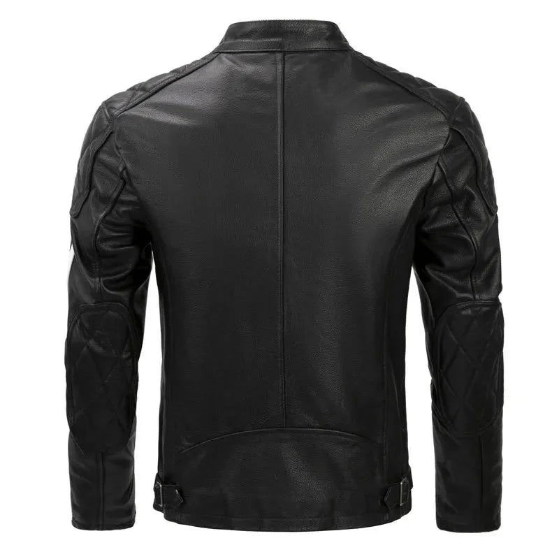 Men's Cowhide Leather Stand Collar Zipper Motorcycle Short Jacket