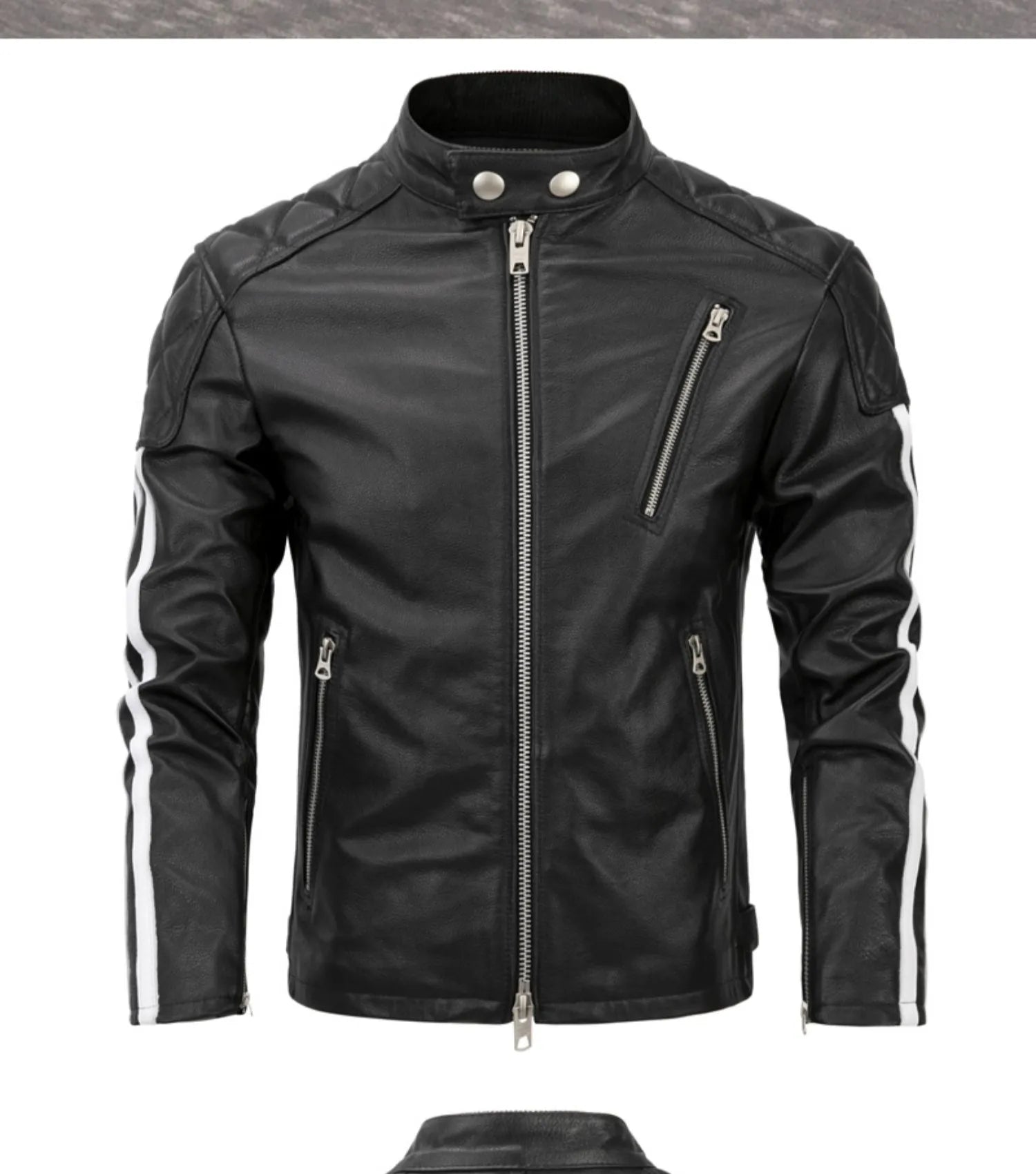 Men's Cowhide Leather Stand Collar Zipper Motorcycle Short Jacket