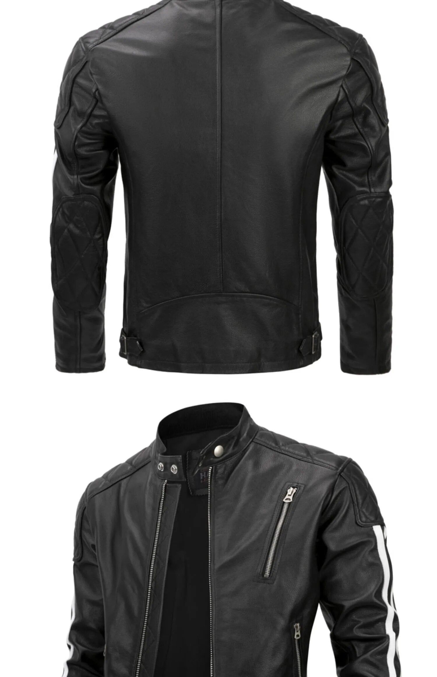 Men's Cowhide Leather Stand Collar Zipper Motorcycle Short Jacket