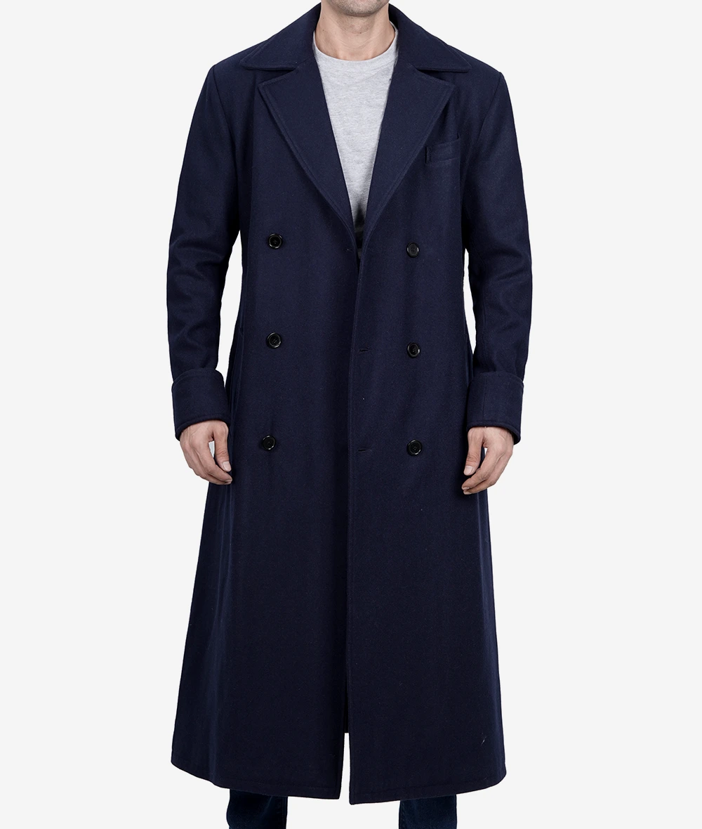 Mens Dark Blue Double Breasted Wool Coat