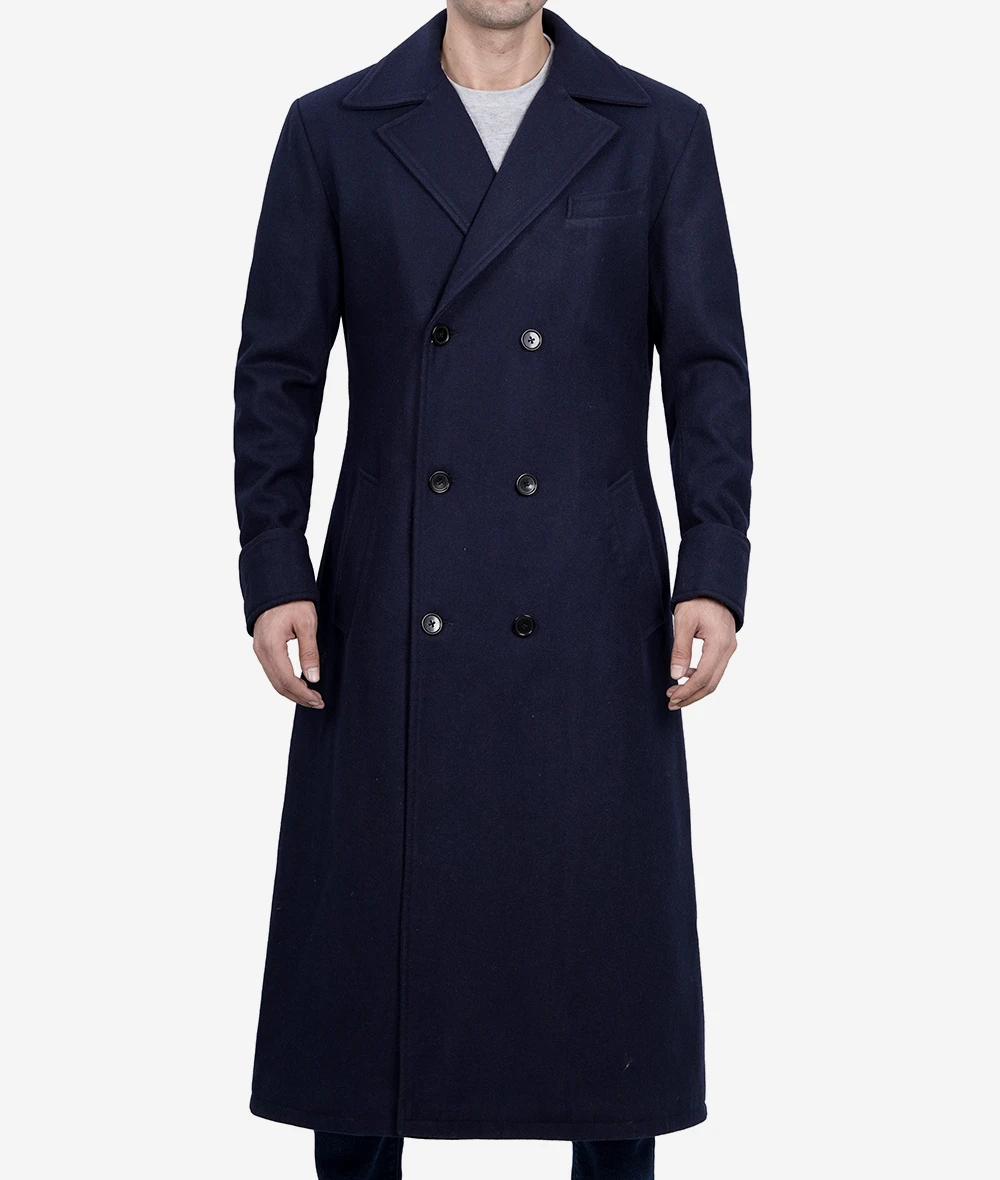 Mens Dark Blue Double Breasted Wool Coat