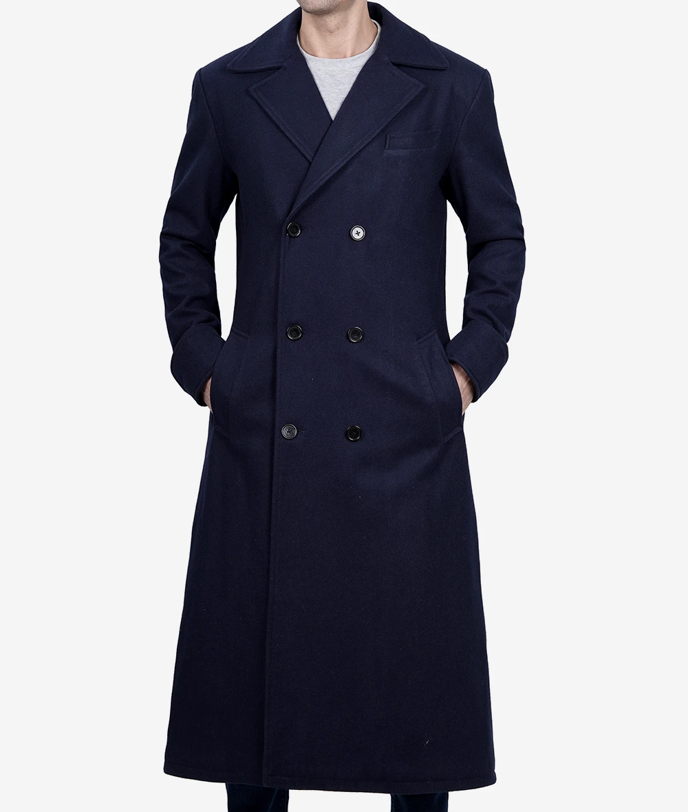 Mens Dark Blue Double Breasted Wool Coat