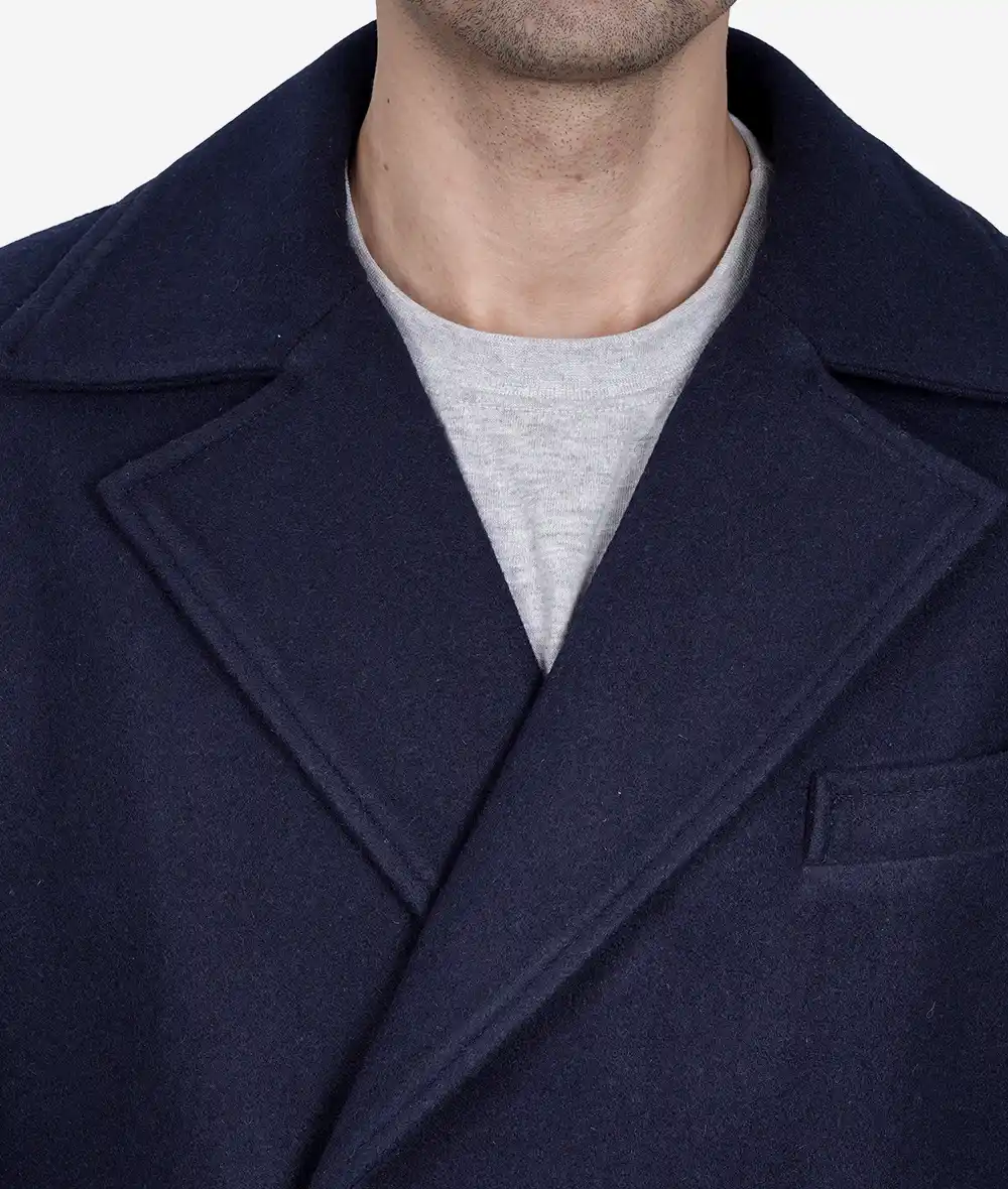 Mens Dark Blue Double Breasted Wool Coat