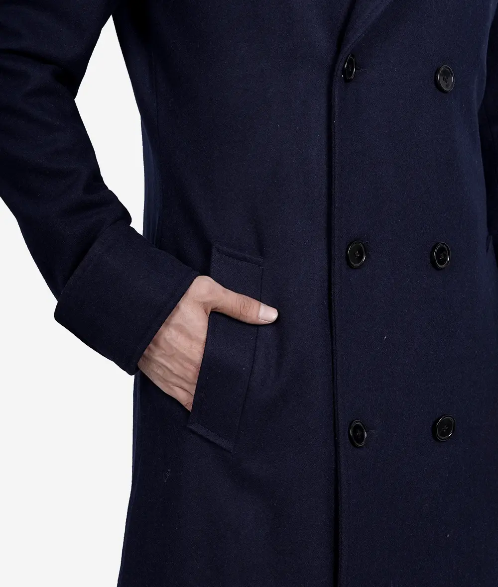 Mens Dark Blue Double Breasted Wool Coat