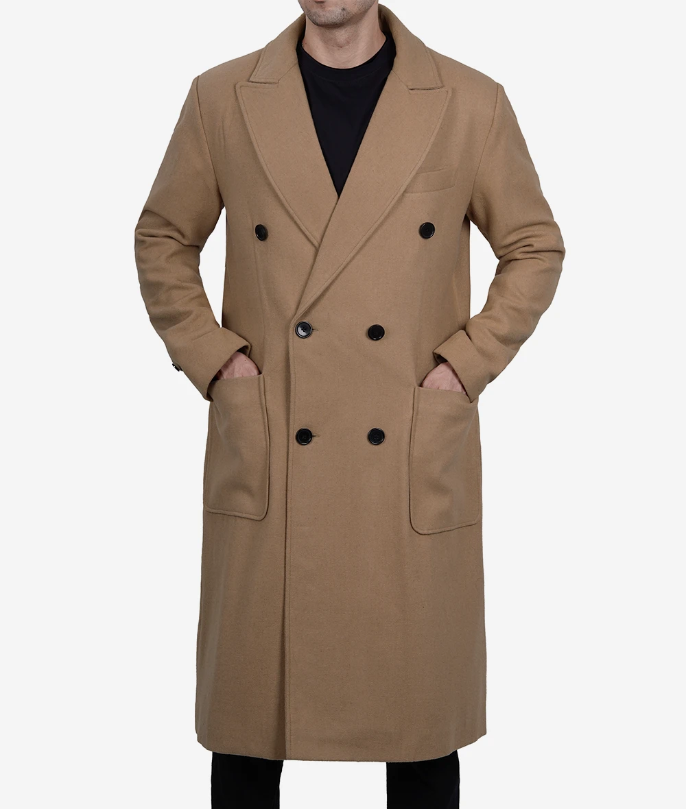 Mens Double Breasted Beige Wool Coat