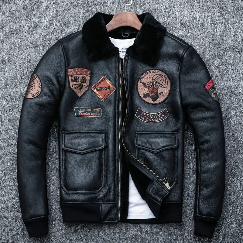 Men's Fur Collar Genuine Leather Embroidered Slim Fit Winter Jacket