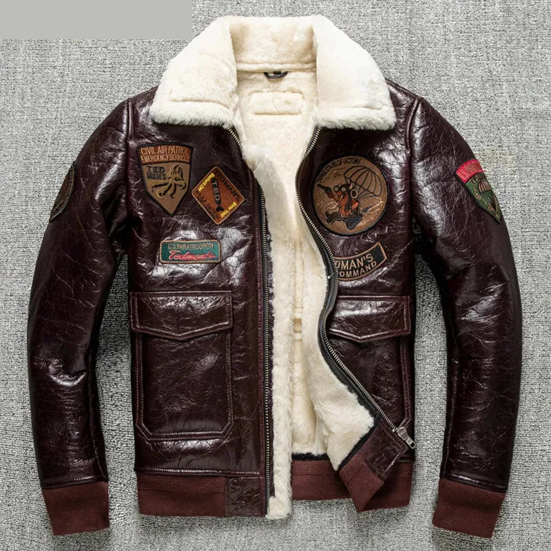 Men's Fur Collar Genuine Leather Embroidered Slim Fit Winter Jacket