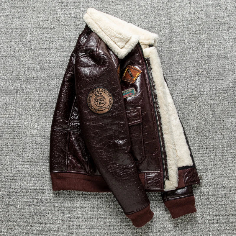 Men's Fur Collar Genuine Leather Embroidered Slim Fit Winter Jacket