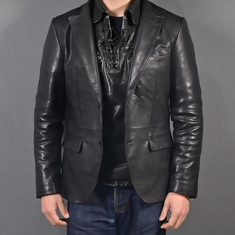 Men's Genuine Leather Slim Water Dyed Vegetable Tanned Casual Jacket