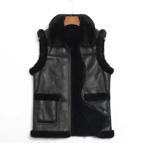 Men’s Genuine Sheepskin Leather Turn-down Fur Collar Vest Coat