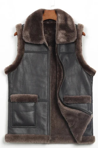 Men’s Genuine Sheepskin Leather Turn-down Fur Collar Vest Coat