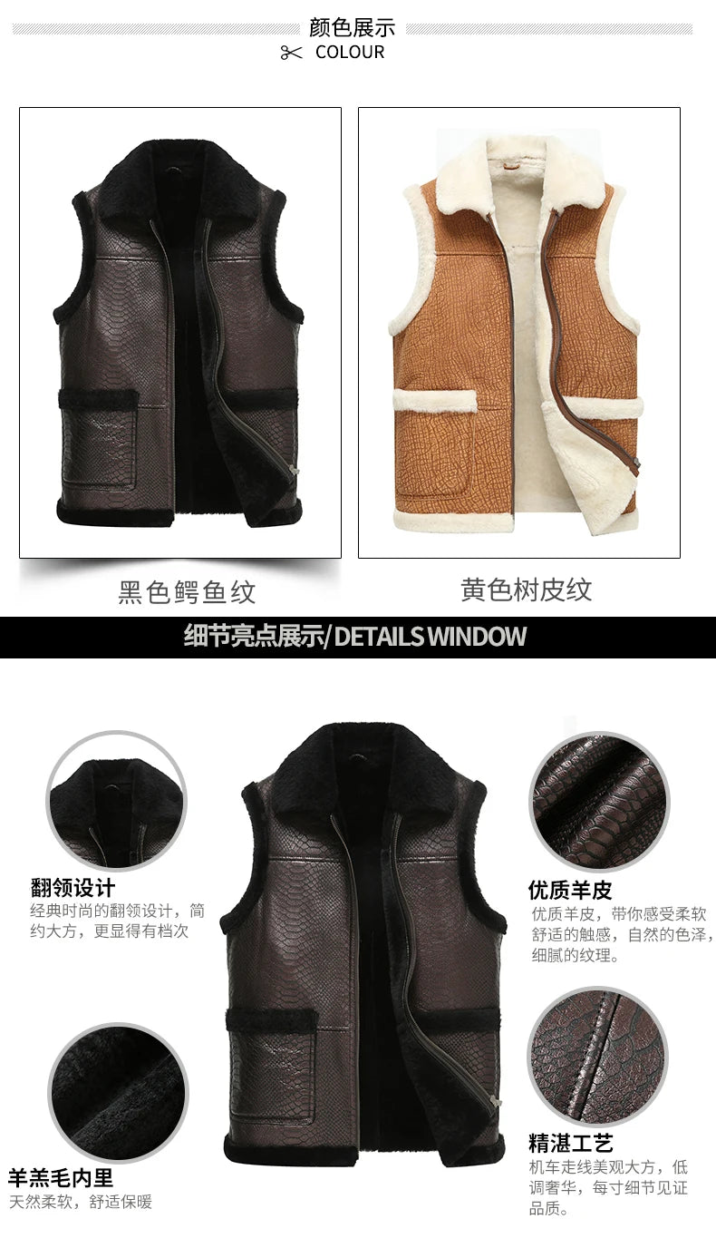 Men’s Genuine Sheepskin Leather Turn-down Fur Collar Vest Coat