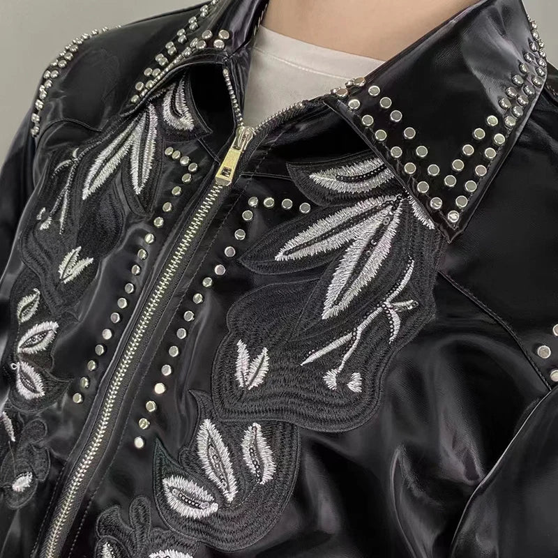 Men's Korean Style Black Synthetic Leather Embroidered Pattern Casual Jacket