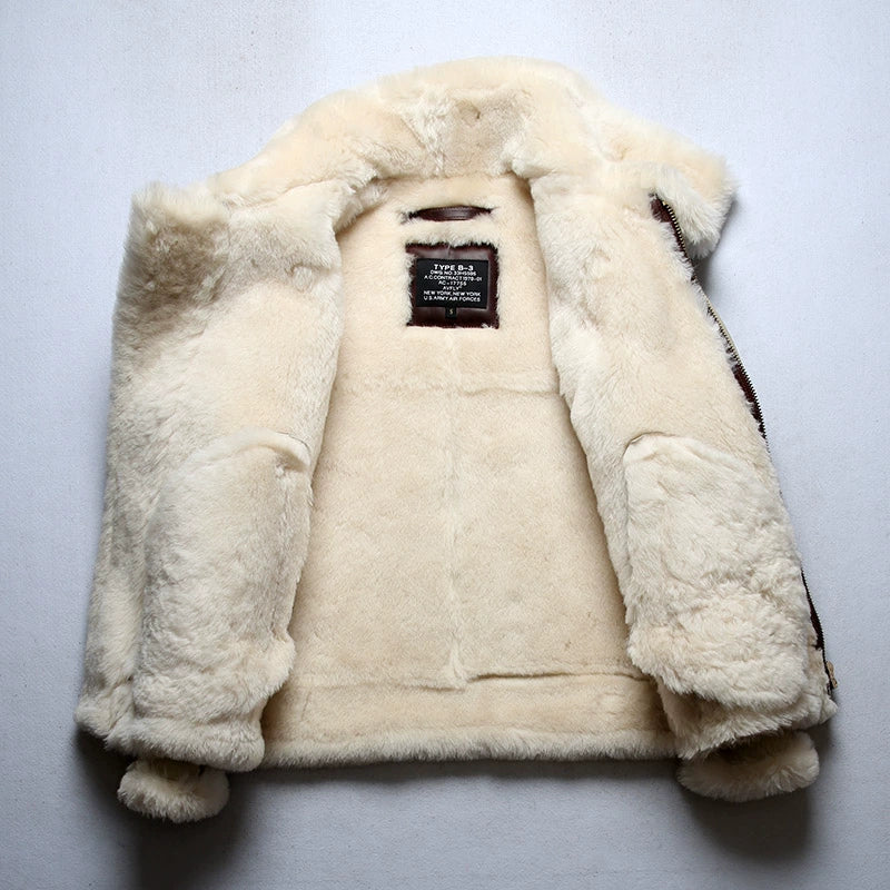 Men's Military Style Genuine Sheep Leather Big Shearling Fur Winter Jacket