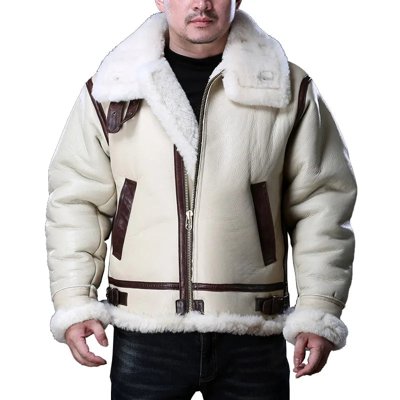 Men's Military Style Genuine Sheep Leather Big Shearling Fur Winter Jacket