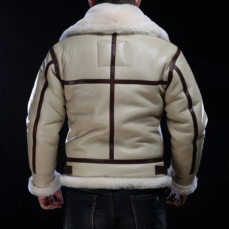 Men's Military Style Genuine Sheep Leather Big Shearling Fur Winter Jacket