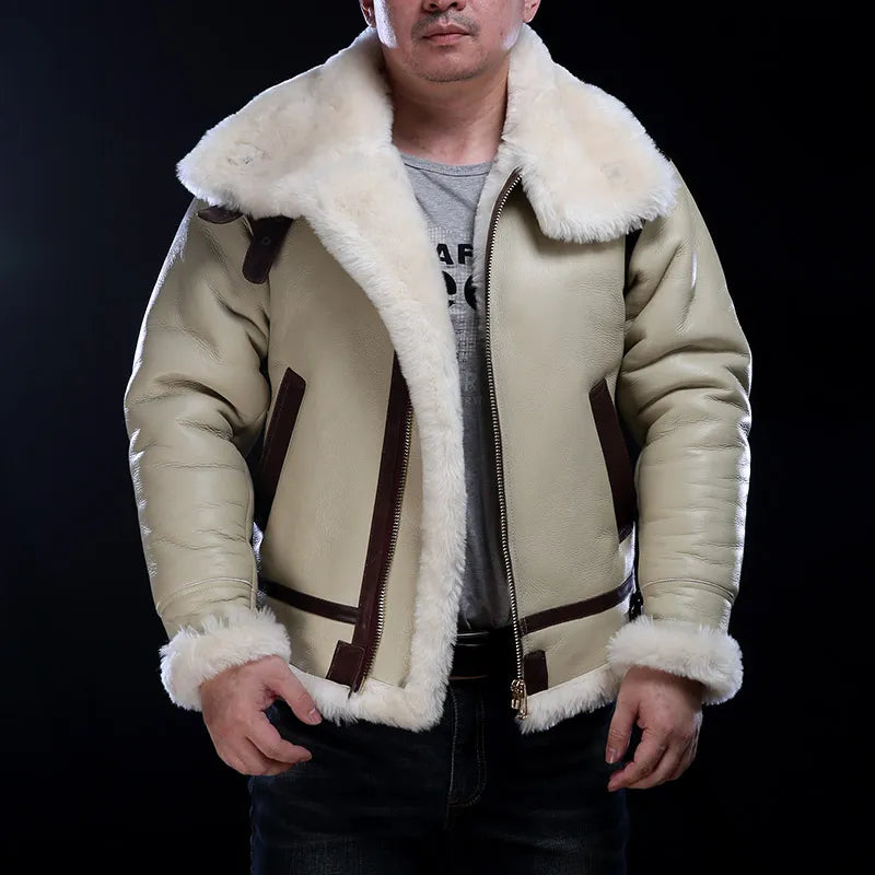 Men's Military Style Genuine Sheep Leather Big Shearling Fur Winter Jacket