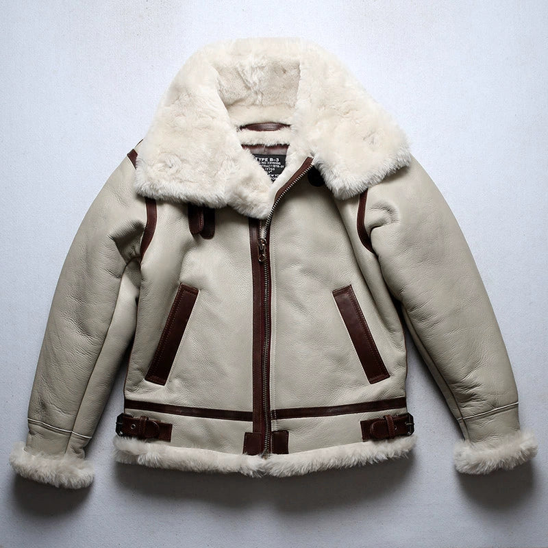 Men's Military Style Genuine Sheep Leather Big Shearling Fur Winter Jacket