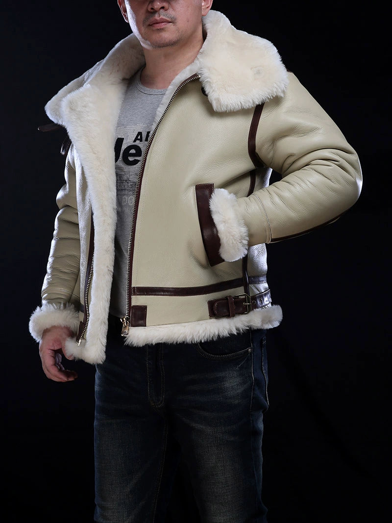 Men's Military Style Genuine Sheep Leather Big Shearling Fur Winter Jacket