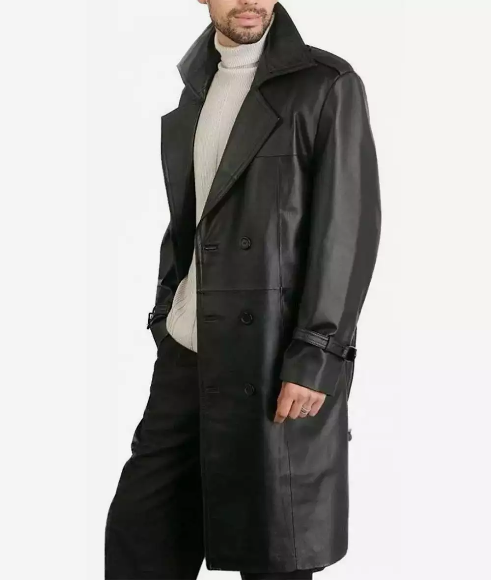 Mens Premium Double-Breasted Black Lambskin Leather Coat